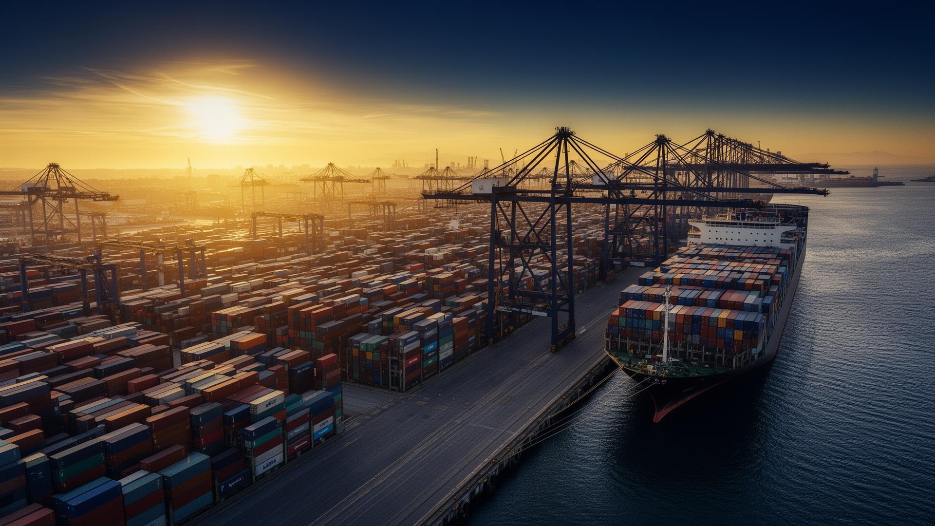 International cargo port with shipping containers